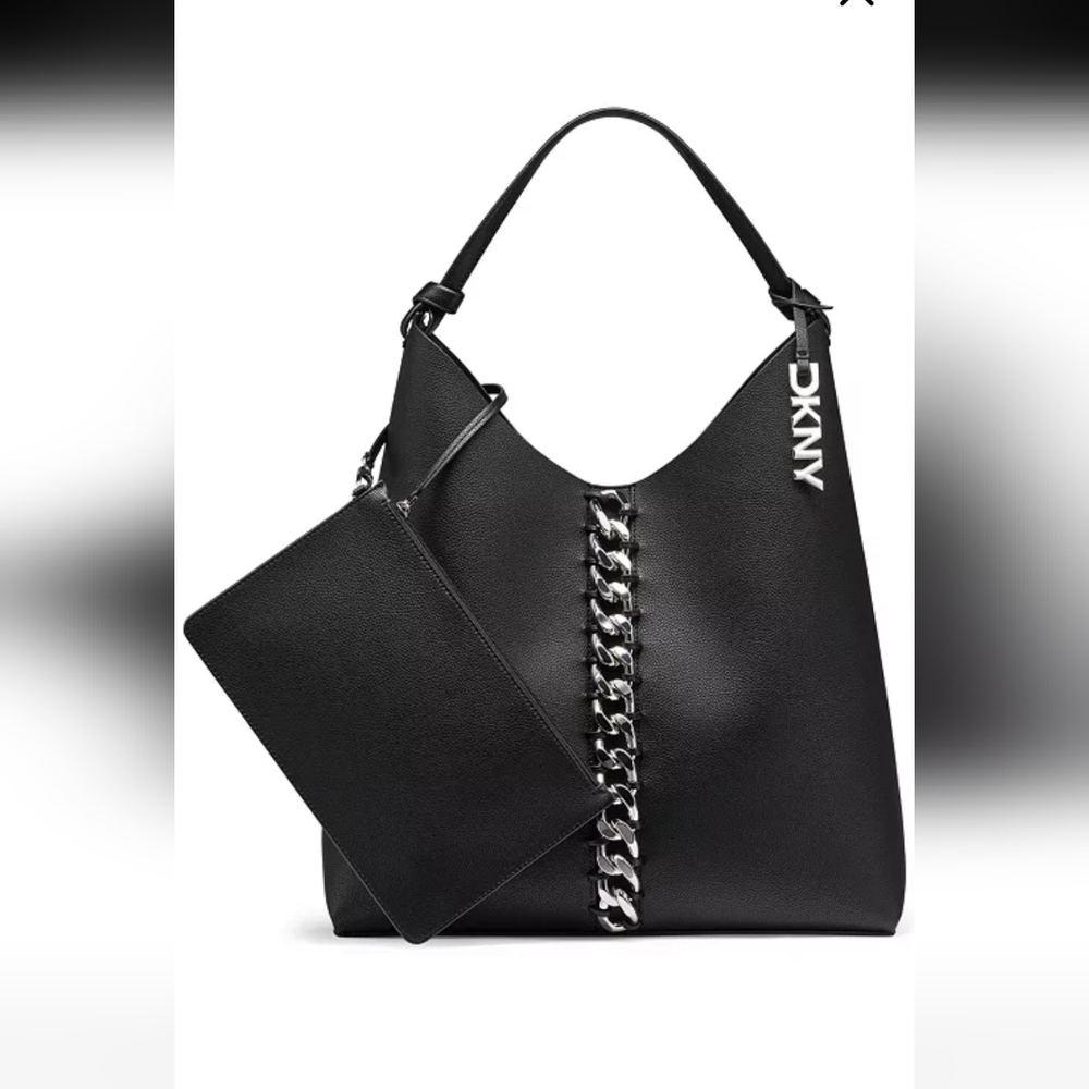 DKNY Large Black Shoulder Bag with Silver Chain Accent